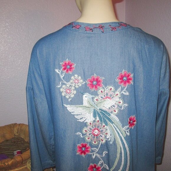 Vtg Embroidered Duster Cardigan Size M Pockets Kimono Bird Artsy Festival Y2K - Picture 10 of 11